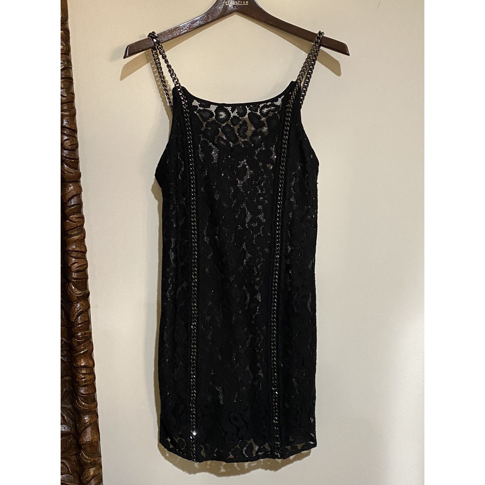 AllSaints Asha Dress Sz. 8 Black Lace Gunmetal Underdress Chain Straps 278 Euros